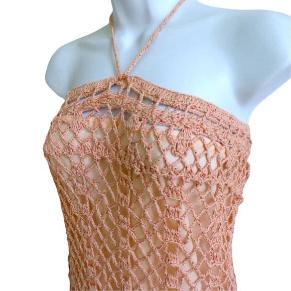 James Coviello Vintage Open Crochet Dress Peachy Pink Cotton Lurex Slip Y2K XL - Picture 3 of 7